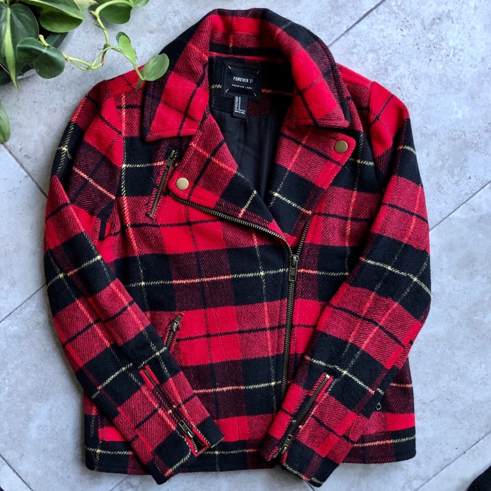 Buffalo plaid motorcycle coat